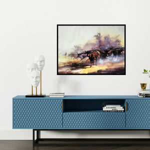 Preview of 'Herd Of Cows In The Morning 3 (The Stampede)' Painting by Sadikul Islam shown on a wall in a furnished room.