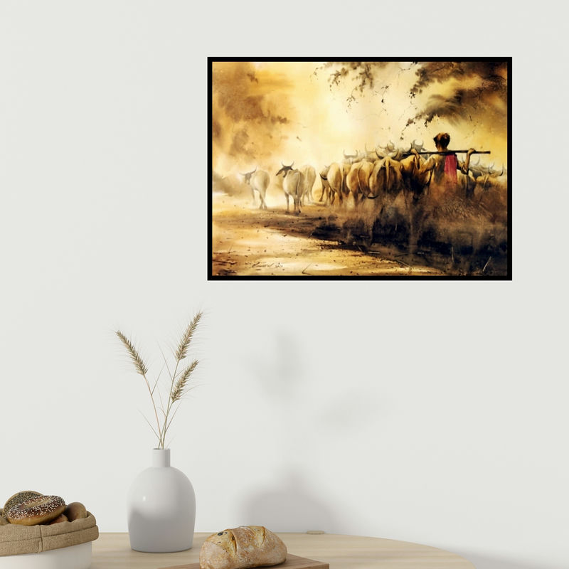 In-situ view of Sadikul Islam's 'Herd Of Cows In The Morning 6 (Pastoral Peace)' painting in a room