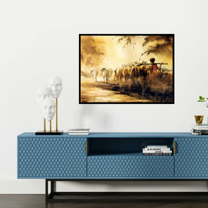 Preview of 'Herd Of Cows In The Morning 6 (Pastoral Peace)' Painting by Sadikul Islam shown on a wall in a furnished room.