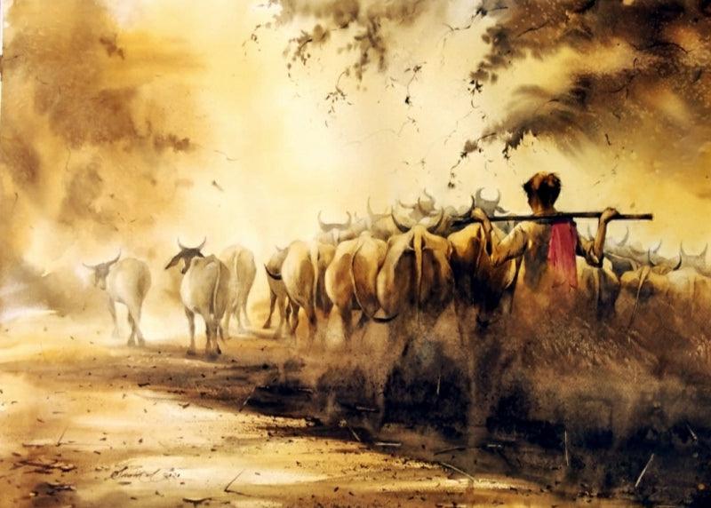 Animals watercolor painting titled 'Herd Of Cows In The Morning 6', 22x30 inches, by artist Sadikul Islam on Paper