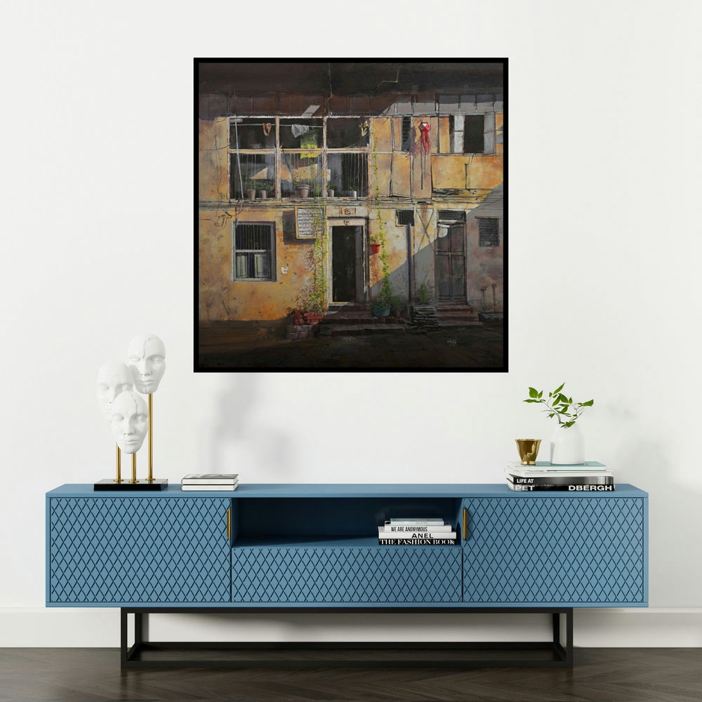 'Heritage (Mumbai Memories)' painting by Mangesh Shinde shown on a wall in a furnished room.