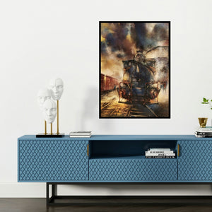 'Heritage 4 (A Journey Through Time)' painting by Sadikul Islam shown on a wall in a furnished room.