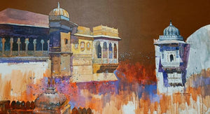 Heritage In Rajasthan (Echoes of the Past) by Sayajirao Nangare, Original Acrylic Cityscape Painting on Canvas, X-Large Horizontal Wall Art
