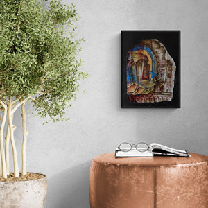 Preview of 'Heritage Love 2 (Urban Fragments)' Painting by Rajesh Yadav shown on a wall in a furnished room.