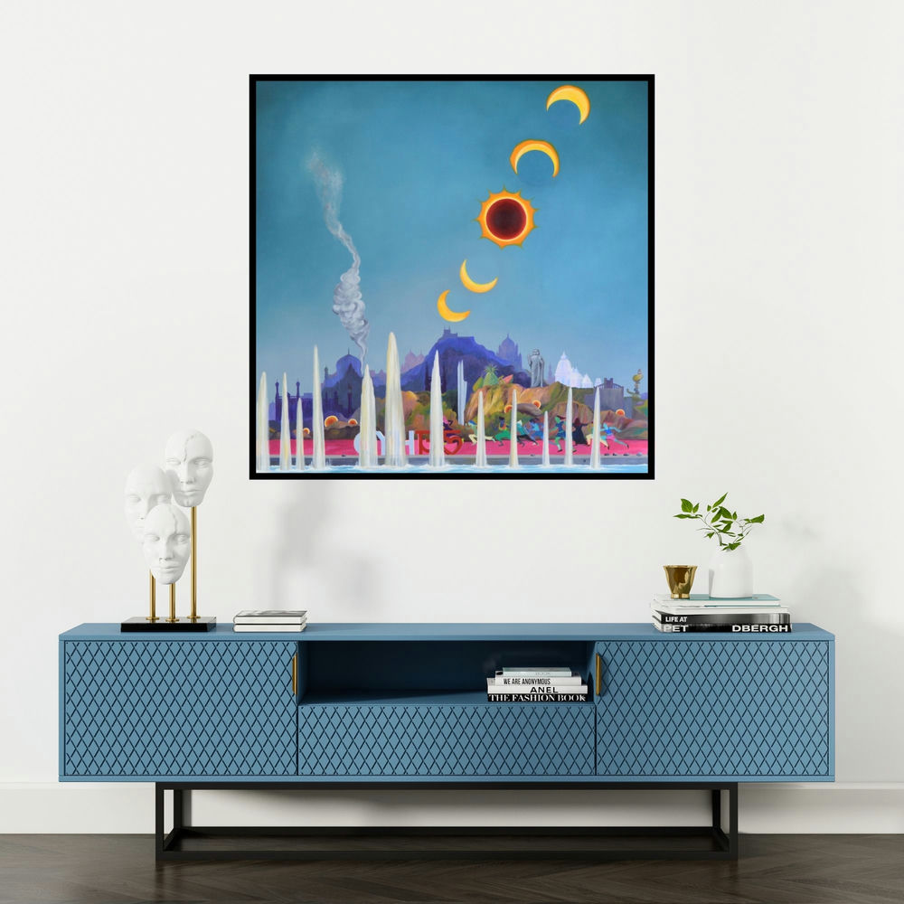 'The Heritage Run Final 1 (Eclipse Over India)' painting by Goutam Pal shown on a wall in a furnished room.