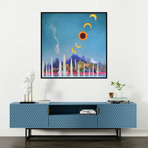 'The Heritage Run Final 1 (Eclipse Over India)' painting by Goutam Pal shown on a wall in a furnished room.