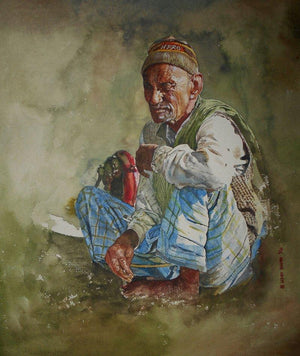 Hero (Village Life) by Dr Uday Bhan, Original Watercolor Lifestyle Painting on Paper, Small Vertical Wall Art