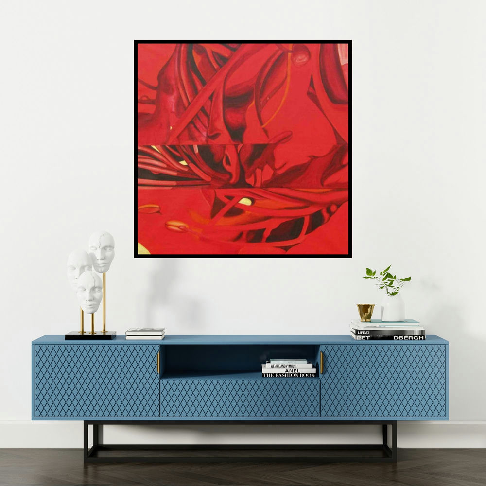 'Hibiscus' painting by Balaji G Bhange shown on a wall in a furnished room.