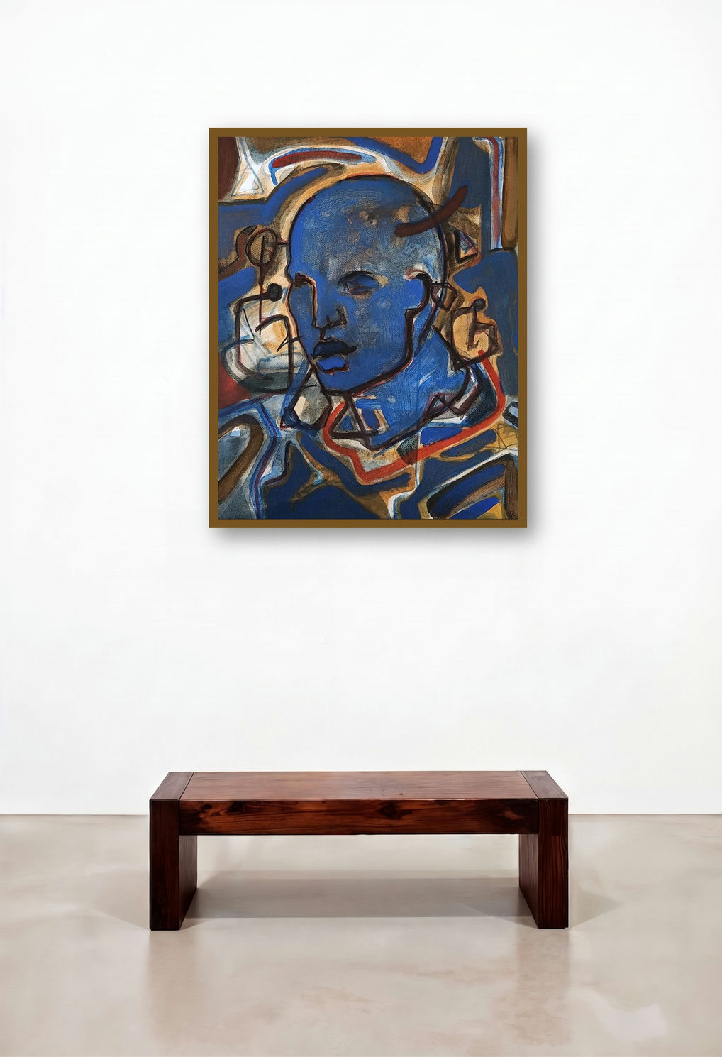 Hidden Stories 5 (Pensive Blue) by artist Sameer Dixit displayed in a Minimalist Hotel Lobby