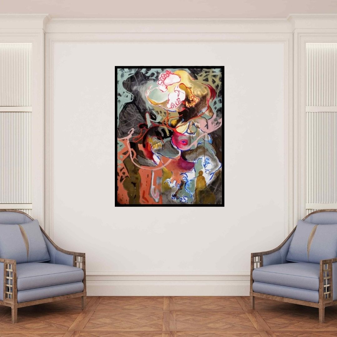 In-situ view of Rasana Bhardwaj's 'The Hiding Devil (The Dance of Limbs)' painting in a room