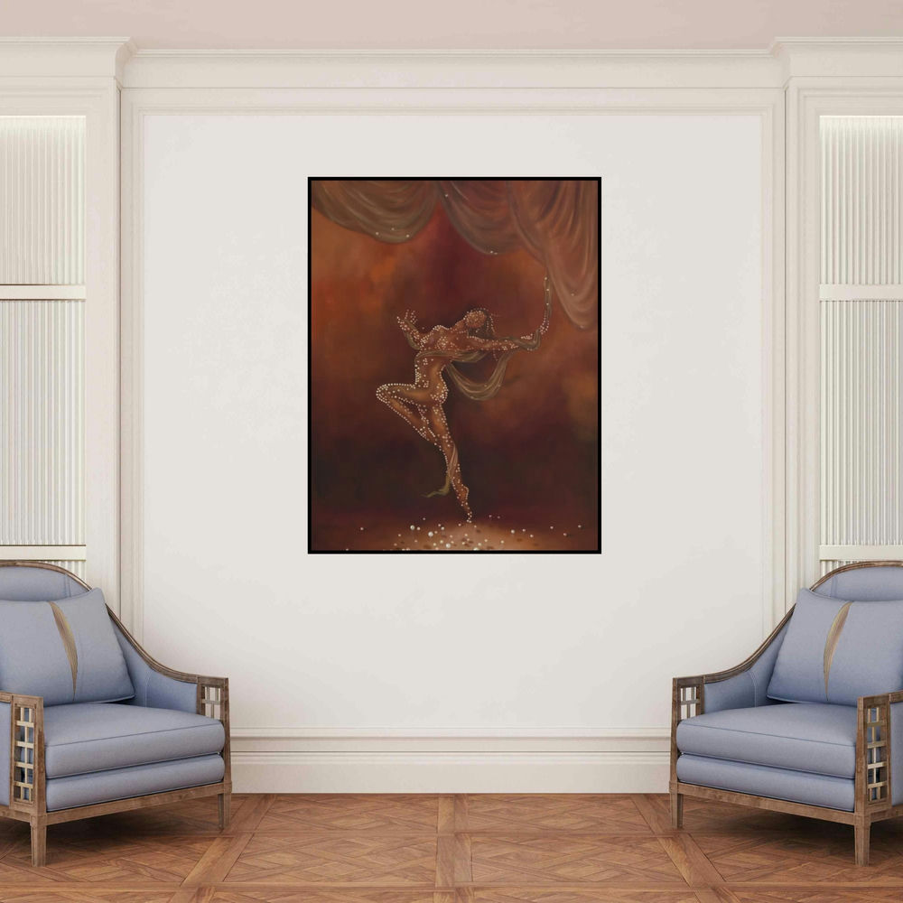'High Life (Dance of Liberation)' painting by Durshit Bhaskar shown on a wall in a furnished room.