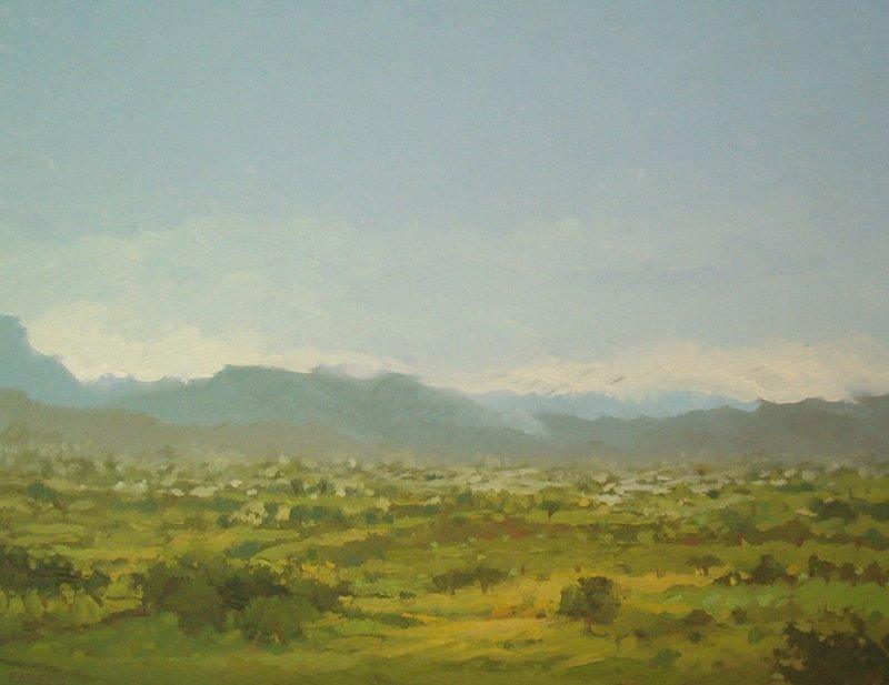 Landscape oil painting titled 'Hill view', 18x14 inches, by artist Fareed Ahmed on Canvas Board