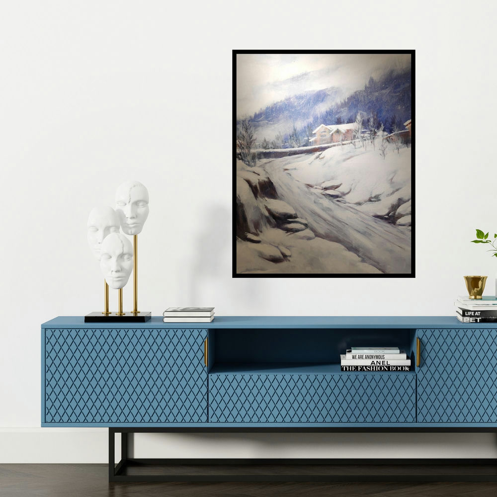 'Himalayan Jewels (Winter's Path)' painting by Ritesh Jadhav shown on a wall in a furnished room.