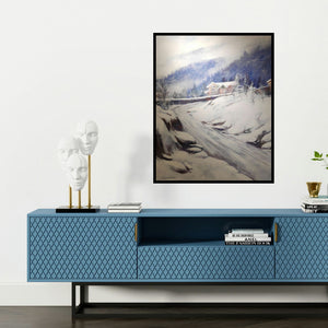 'Himalayan Jewels (Winter's Path)' painting by Ritesh Jadhav shown on a wall in a furnished room.
