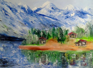 Himalayas (Alpine Idyll) by Kiran Bableshwar, Original Oil Landscape Painting on Canvas, Small Horizontal Wall Art