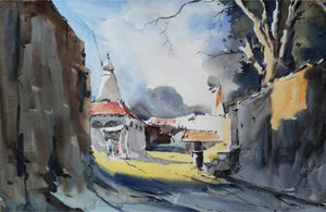 Hingna Village (Sacred Vista) by Ghanshyam Dongarwar, Original Watercolor Landscape Painting on Paper, Small Horizontal Wall Art
