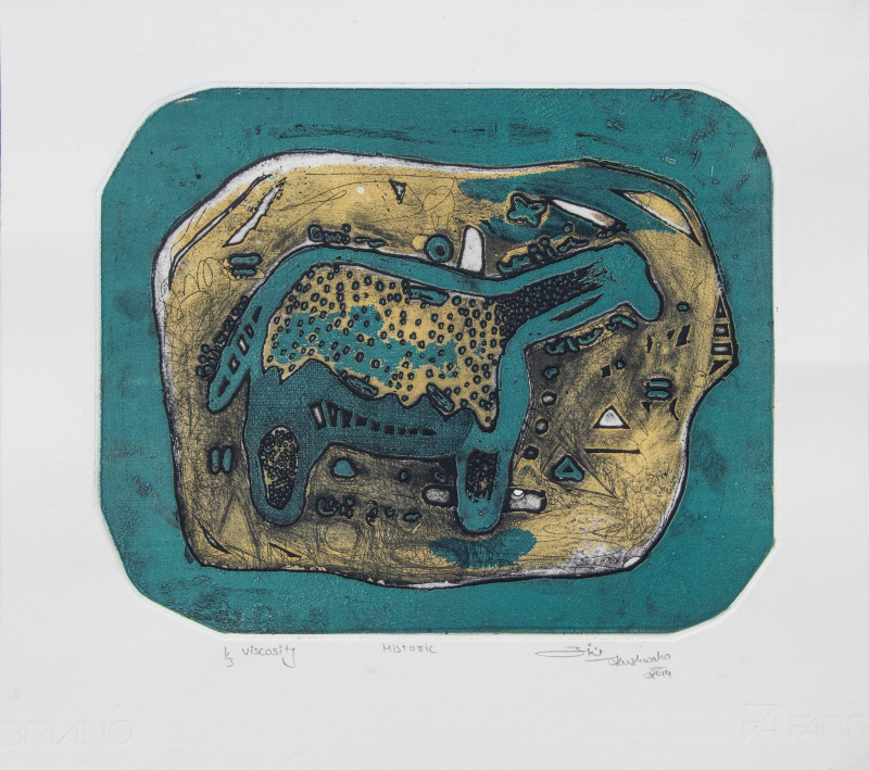 Historic 3' contemporary viscosity printmaking by artist Ankit Kushwaha, 13x15 inch, on paper