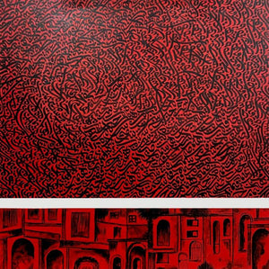 History (Crimson Currents) by Shaikh Ahsan, Original Acrylic Calligraphy Painting on Canvas, Medium Square Wall Art