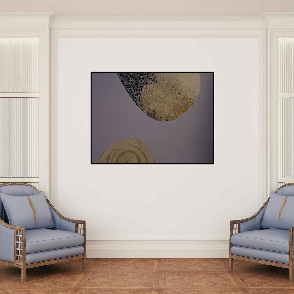'A Hive (Cellular Resonance)' painting by Uday Goswami shown on a wall in a furnished room.