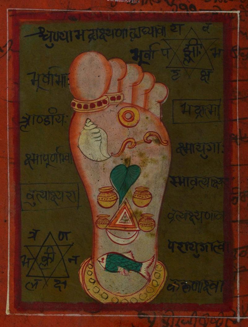 Religious miniature traditional art titled 'Holi Footprint Of Indian Lord', 7x5 inches, by artist Unknown on Paper