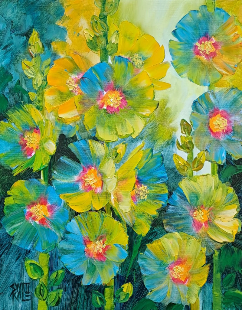 Hollyhocks 1' nature oil painting by artist Swati Kale, 18x14 inch, on canvas