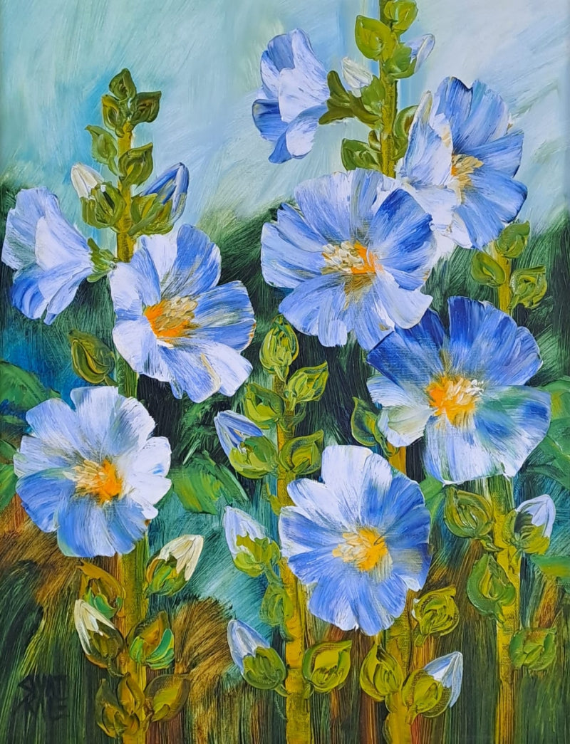 'Hollyhocks 1' nature oil painting by artist Swati Kale, 18x14 inch, on canvas