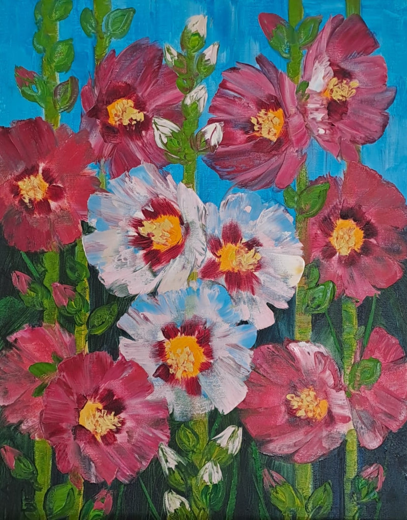 'Hollyhocks 1' nature oil painting by artist Swati Kale, 18x14 inch, on canvas
