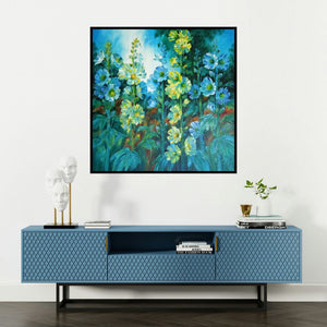 'Hollyhocks 14' painting by Swati Kale shown on a wall in a furnished room.