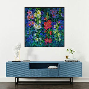 'Hollyhocks 15' painting by Swati Kale shown on a wall in a furnished room.
