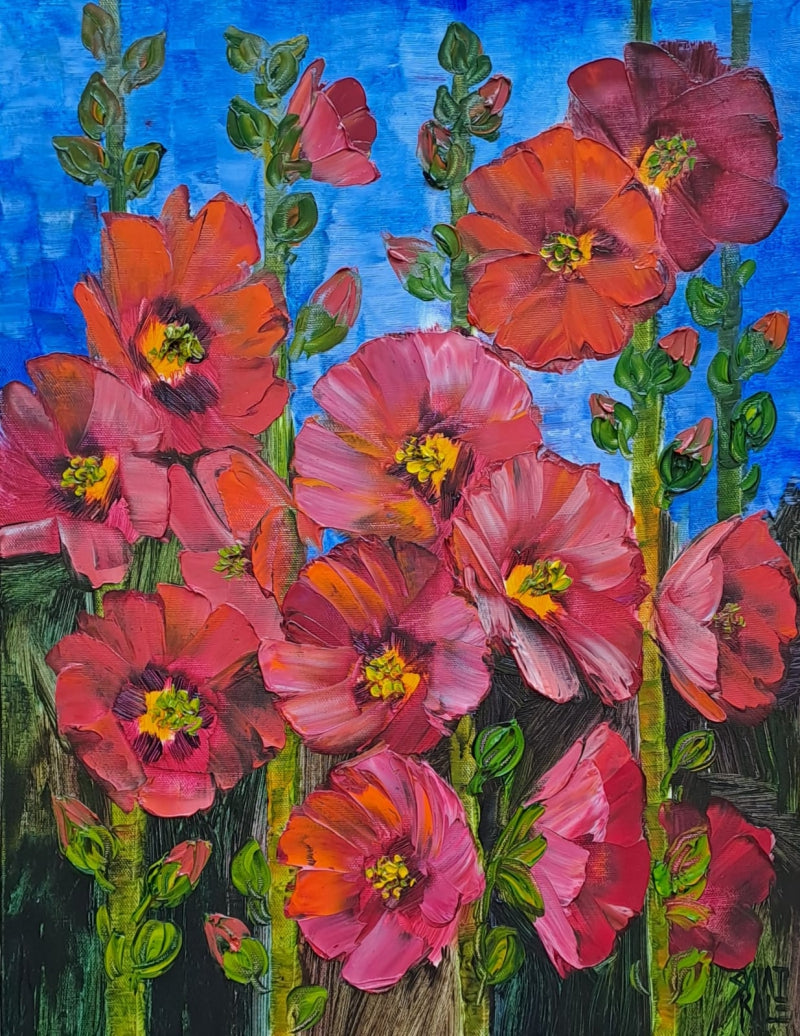Hollyhocks 2' nature oil painting by artist Swati Kale, 18x14 inch, on canvas