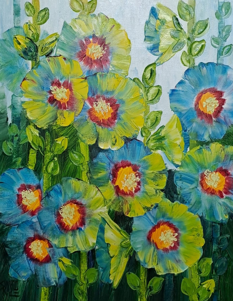 'Hollyhocks 2' nature oil painting by artist Swati Kale, 18x14 inch, on canvas