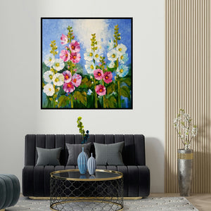 Swati Kale's 'Hollyhocks 21 (Summer's Splendor**)' painting visualized above a sofa in a contemporary room.