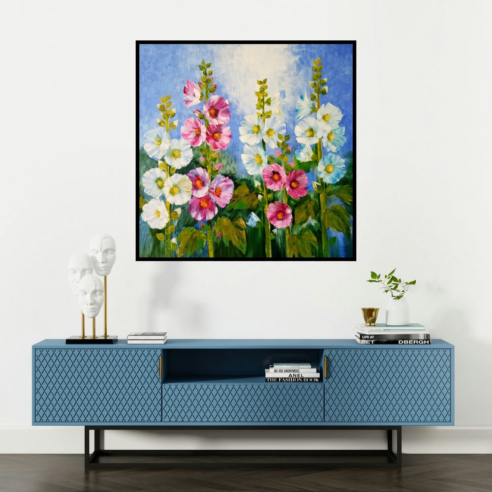 'Hollyhocks 21 (Summer's Splendor**)' painting by Swati Kale shown on a wall in a furnished room.