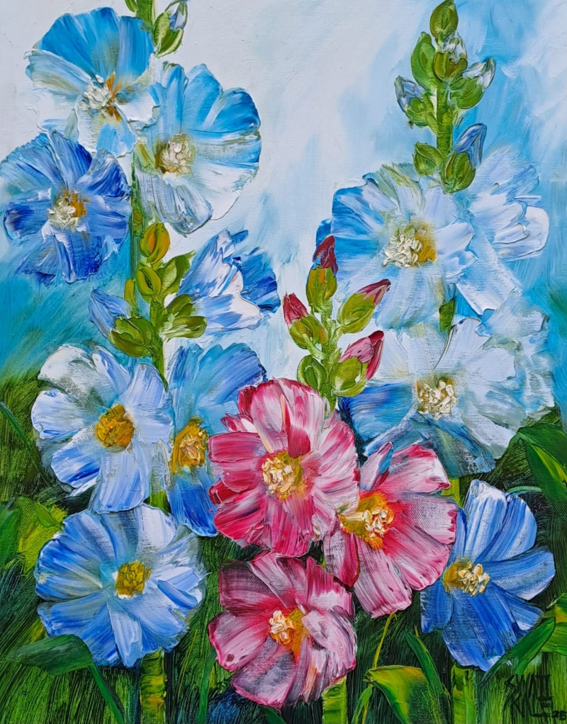Hollyhocks 3' nature oil painting by artist Swati Kale, 18x14 inch, on canvas
