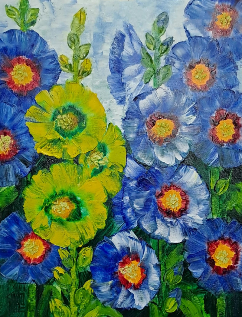 'Hollyhocks 3' nature oil painting by artist Swati Kale, 18x14 inch, on canvas