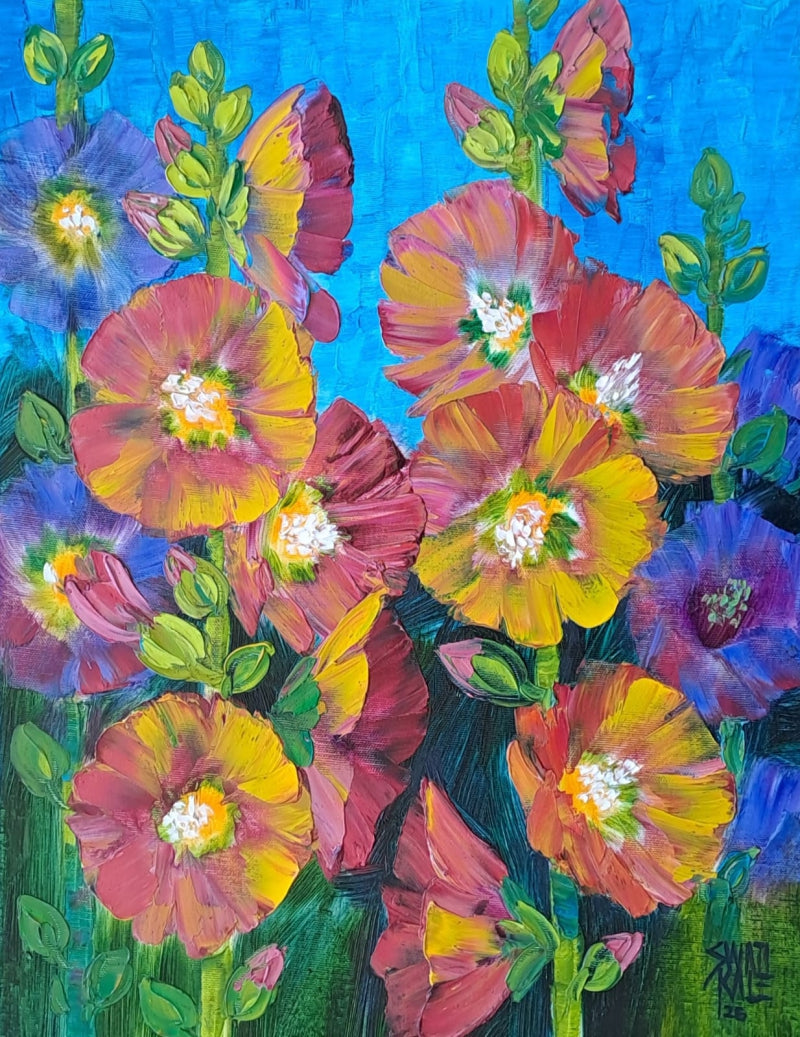 'Hollyhocks 4' nature oil painting by artist Swati Kale, 18x14 inch, on canvas