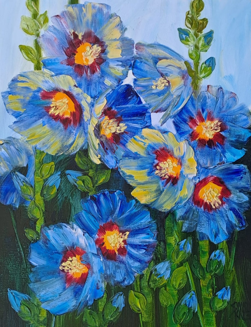 'Hollyhocks 5' nature oil painting by artist Swati Kale, 18x14 inch, on canvas