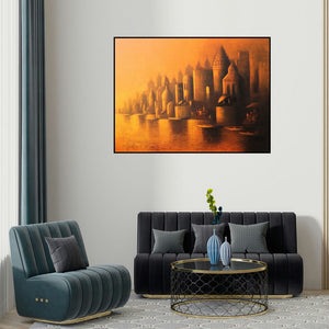 Somnath Bothe's 'Holy Banaras' painting visualized above a sofa in a contemporary room.