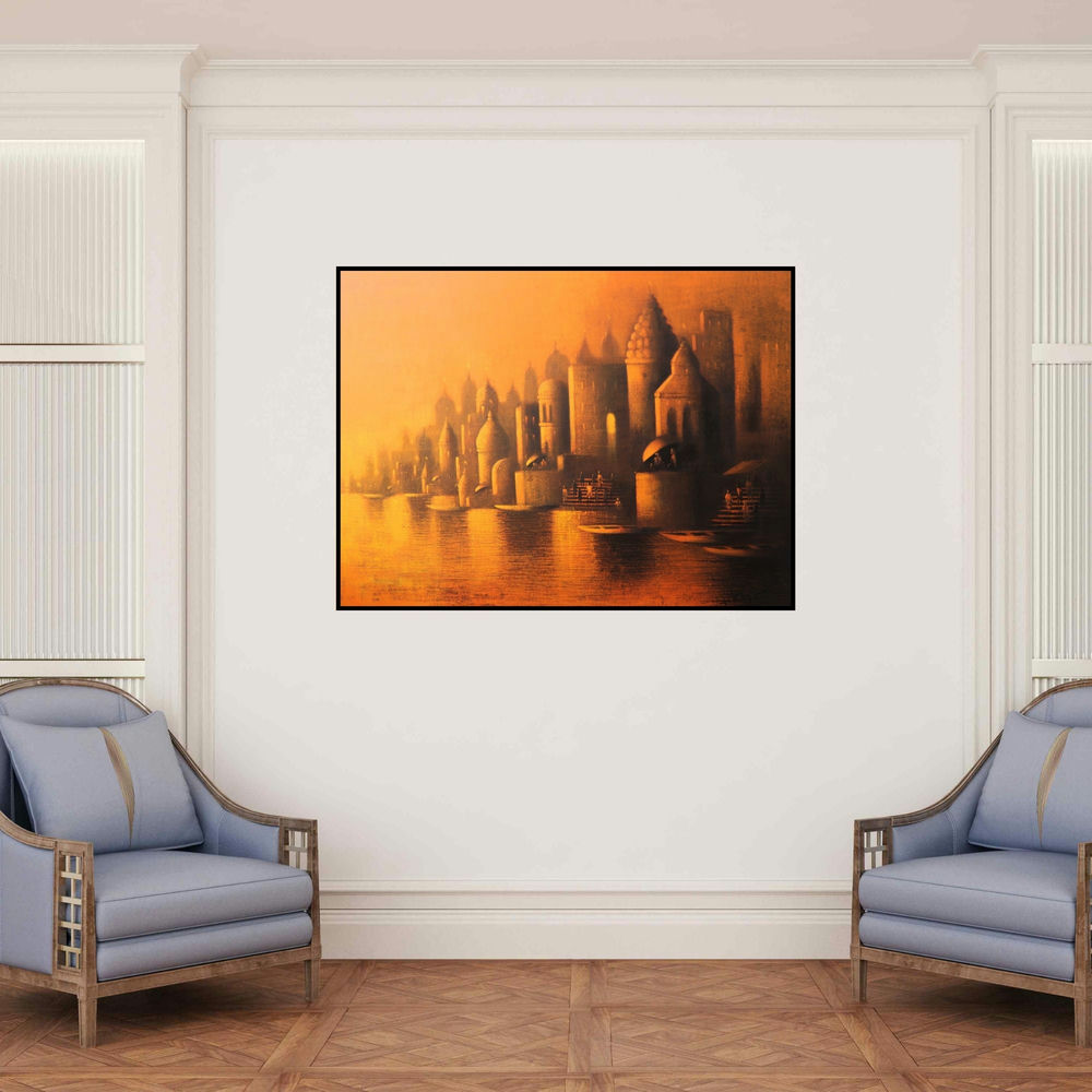 'Holy Banaras' painting by Somnath Bothe shown on a wall in a furnished room.