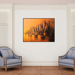 'Holy Banaras' painting by Somnath Bothe shown on a wall in a furnished room.
