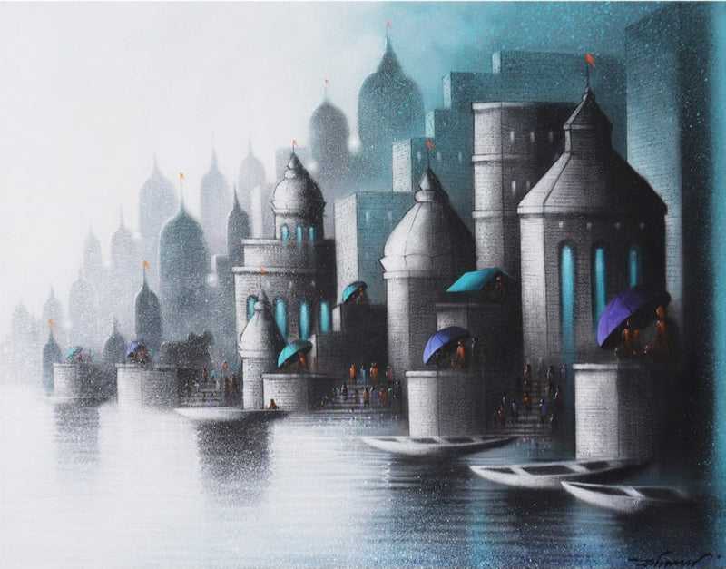 Holy Banaras 1' religious acrylic-charcoal painting by artist Somnath Bothe, 24x30 inch, on canvas