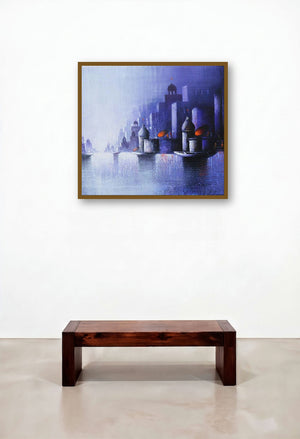 Holy Banaras 13 (Twilight on the Ganges) by artist Somnath Bothe displayed in a Art Deco Penthouse