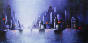 Holy Banaras 13 (Twilight on the Ganges) by Somnath Bothe, Original Acrylic Cityscape Painting on Canvas, Medium Horizontal Wall Art
