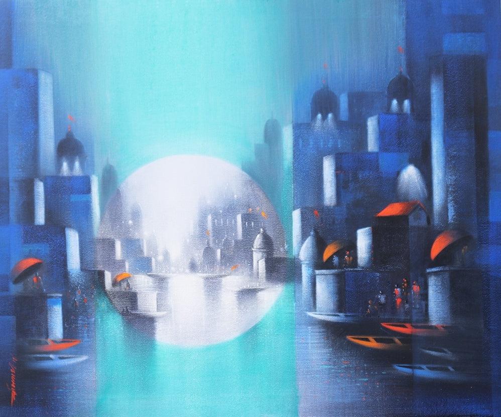 Cityscape acrylic charcoal painting titled 'Holy Banaras 16', 30x36 inches, by artist Somnath Bothe on Canvas