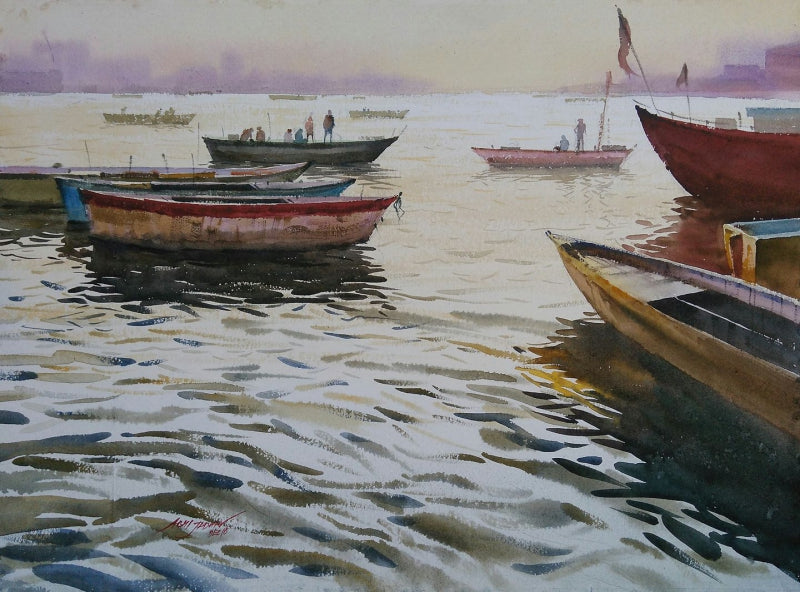 'Holy Banaras Boats' religious watercolor painting by artist Abhijit Jadhav, 24x30 inch, on paper