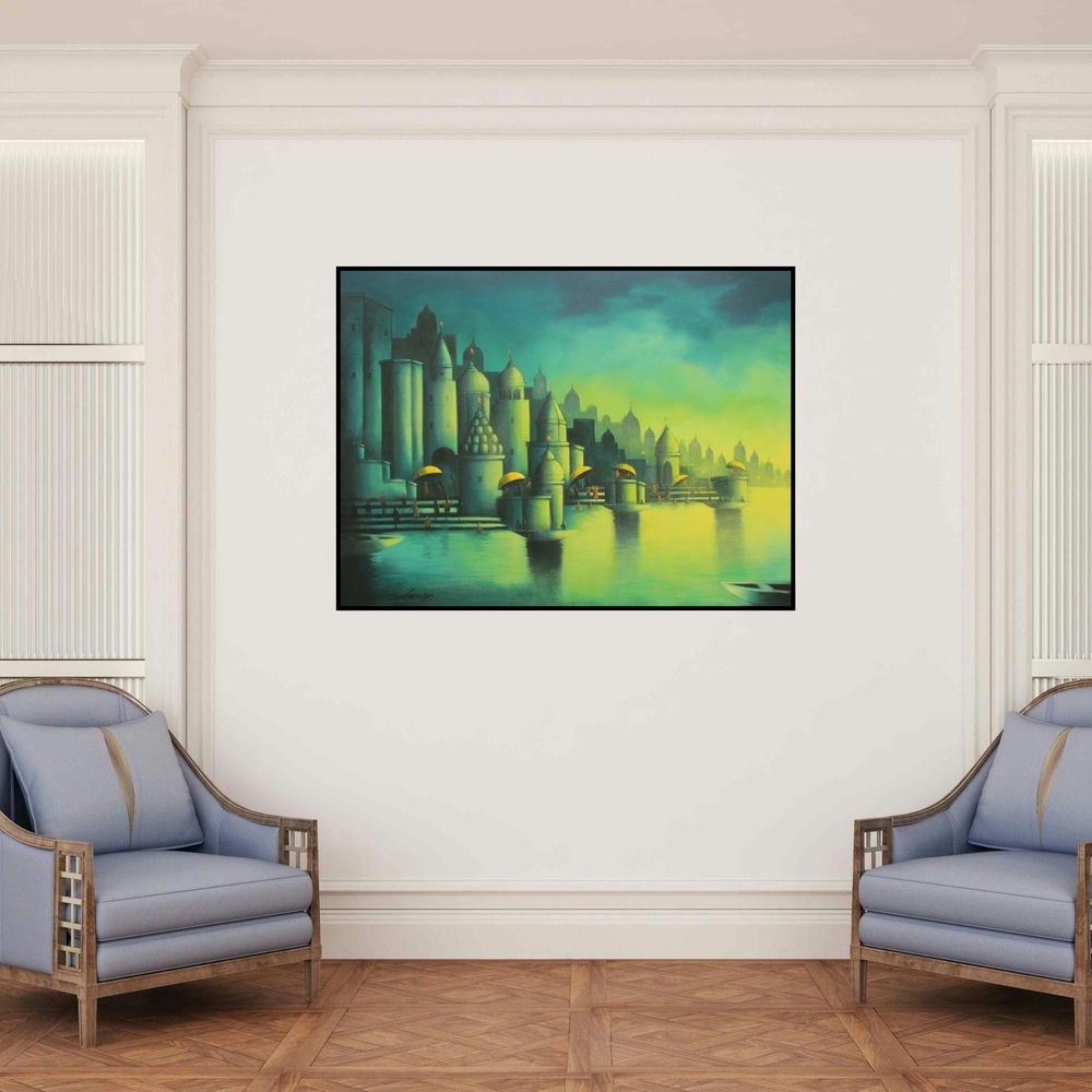 'Holy Banaras' drawing by Somnath Bothe shown on a wall in a furnished room.