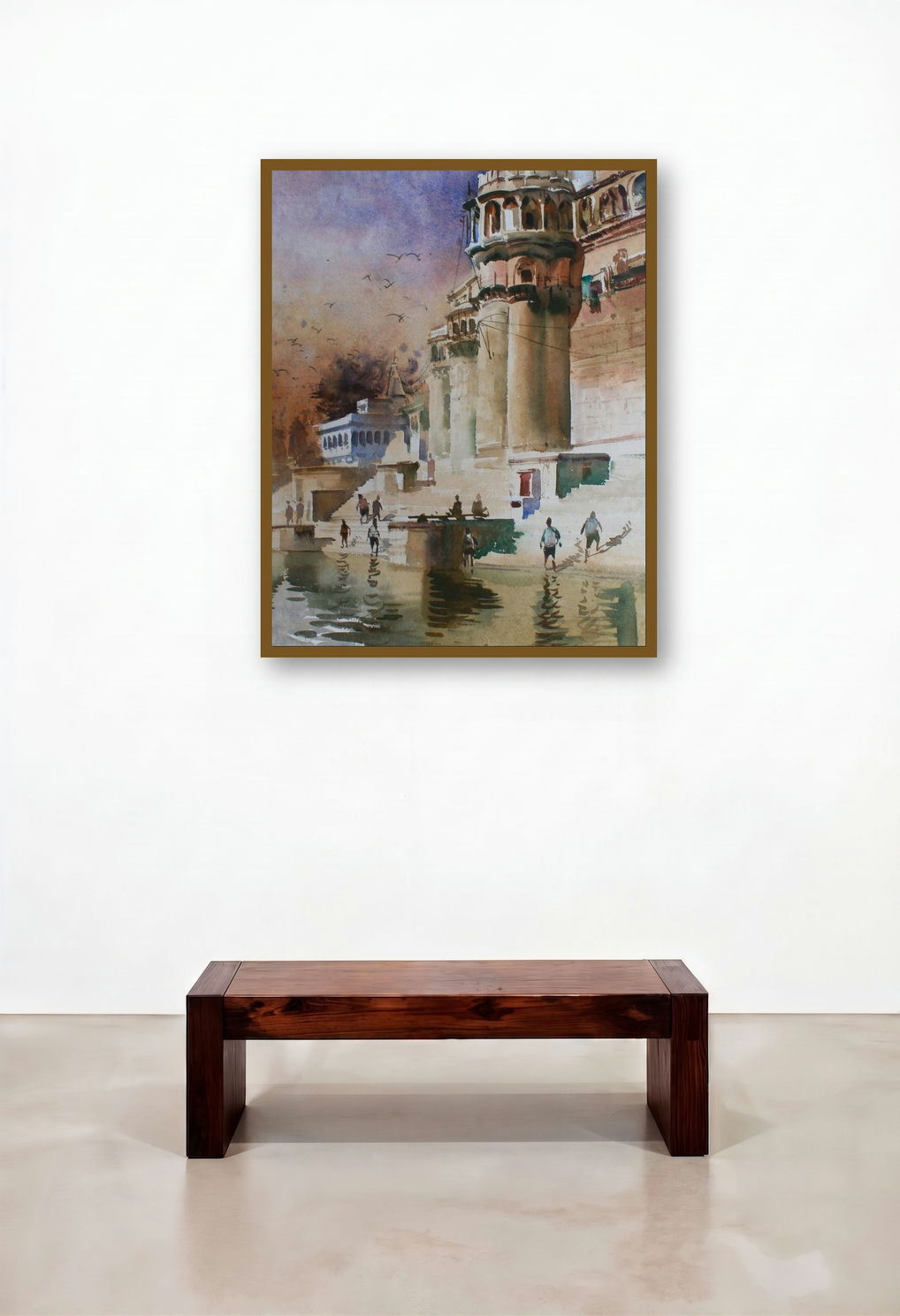 Holy Bath (Sunrise at the Ghats of Varanasi) by artist Anupam Chauhan displayed in a Minimalist Bedroom