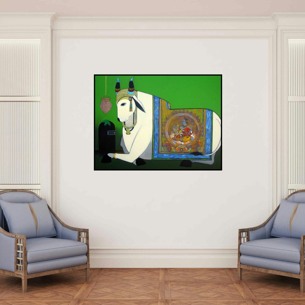 'Holy Bull (Nandi with Shiva and Shakti)' painting by Ashok Rathod shown on a wall in a furnished room.