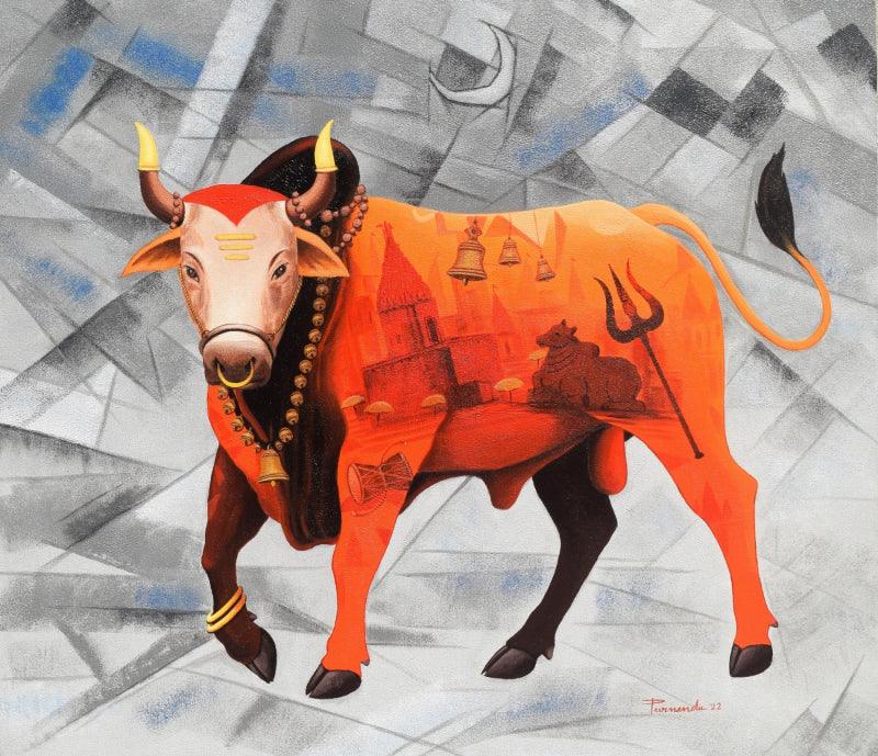 Religious acrylic painting titled 'Holy Bull Of Shiva 1', 36x42 inches, by artist Purnendu Mandal on Canvas