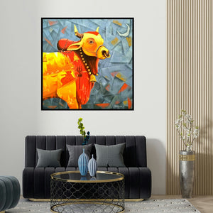Purnendu Mandal's 'Holy Bull Of Shiva (Holy Bull) (Holy Bull of Shiva)' painting visualized above a sofa in a contemporary room.